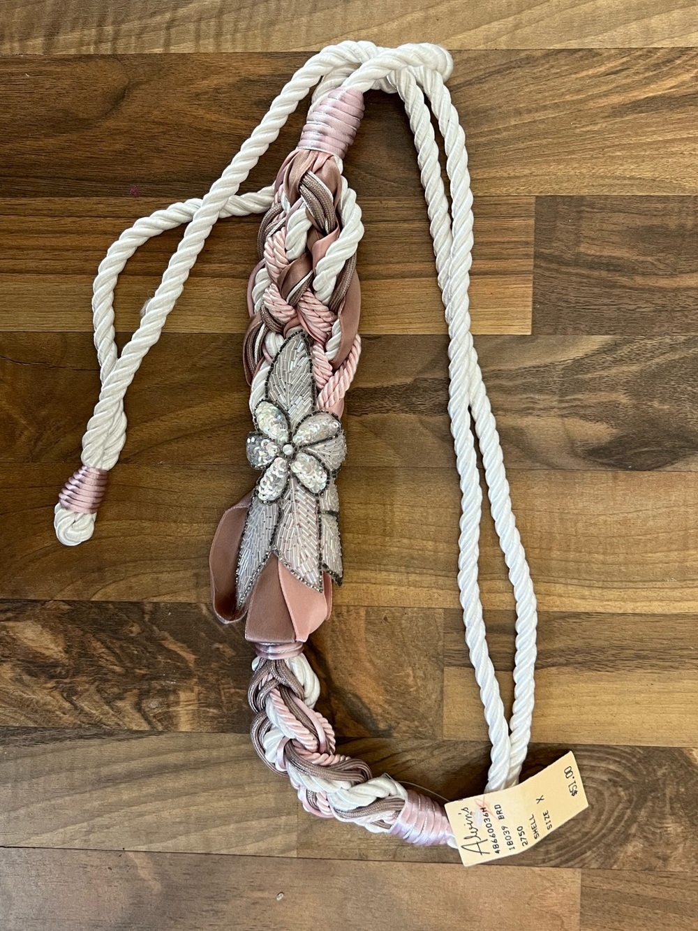 Vintage Pink & White Adjustable Rope Belt with Beaded & Sequins Flower, NWT